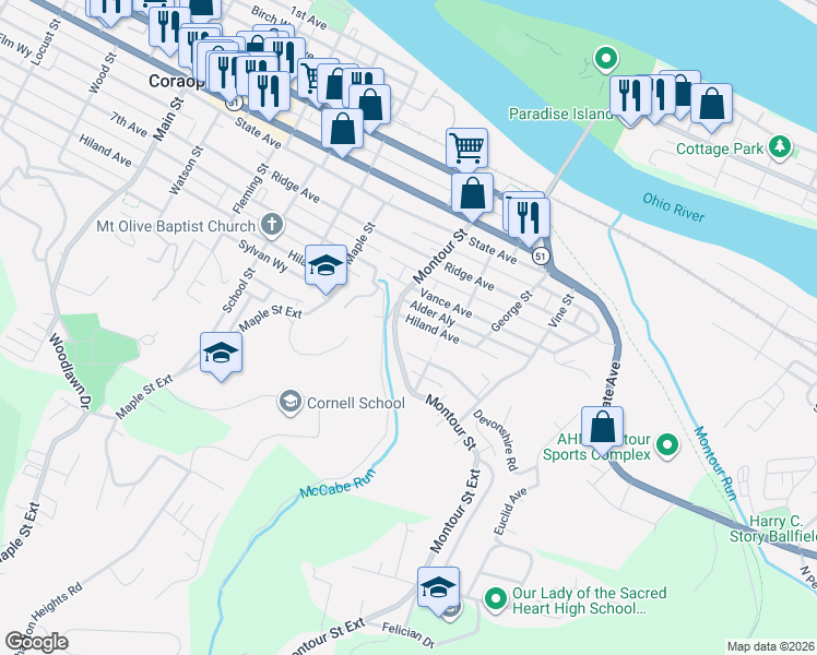 map of restaurants, bars, coffee shops, grocery stores, and more near 1013 Montour Street Extension in Coraopolis