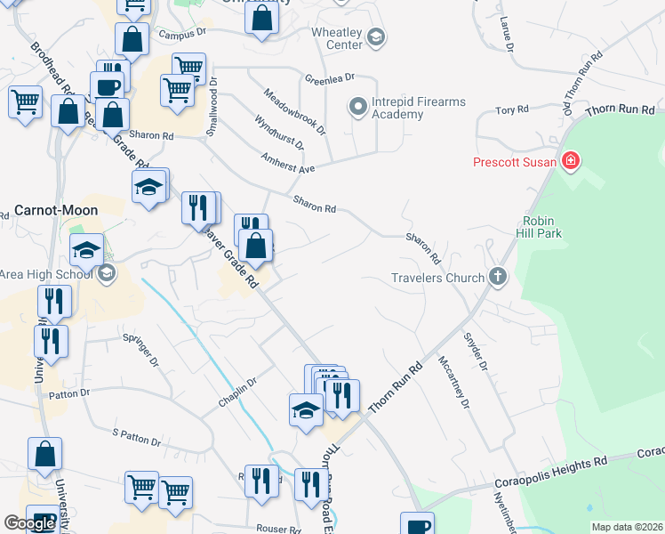 map of restaurants, bars, coffee shops, grocery stores, and more near 6099 Sanlin Drive in Coraopolis