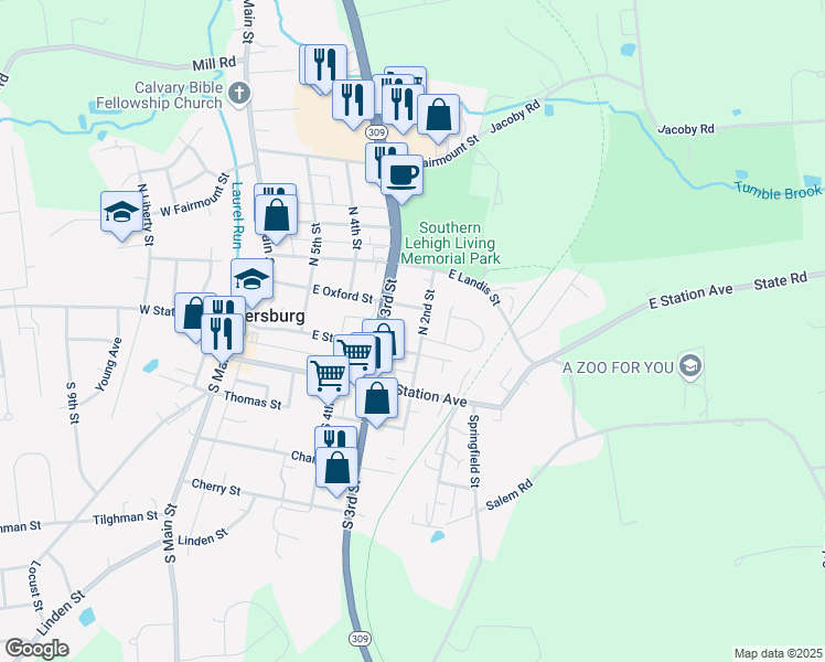 map of restaurants, bars, coffee shops, grocery stores, and more near 201 East State Street in Coopersburg