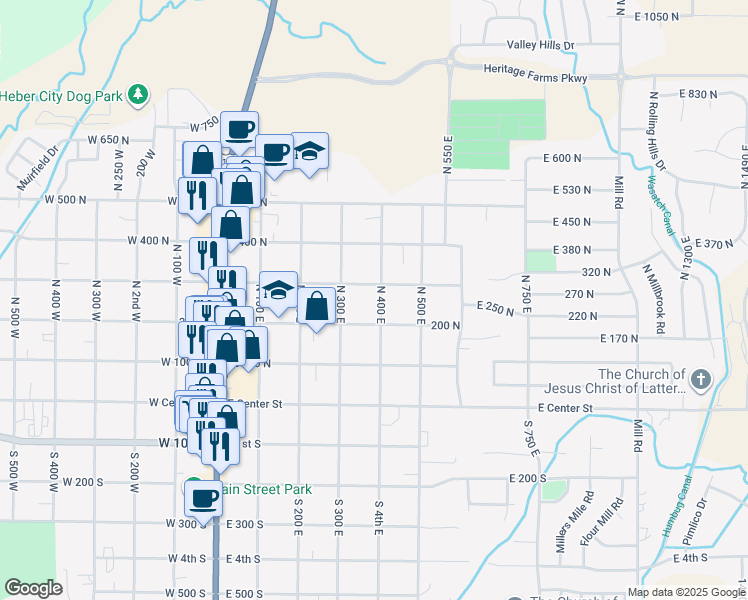 map of restaurants, bars, coffee shops, grocery stores, and more near 215 North 400 East in Heber City