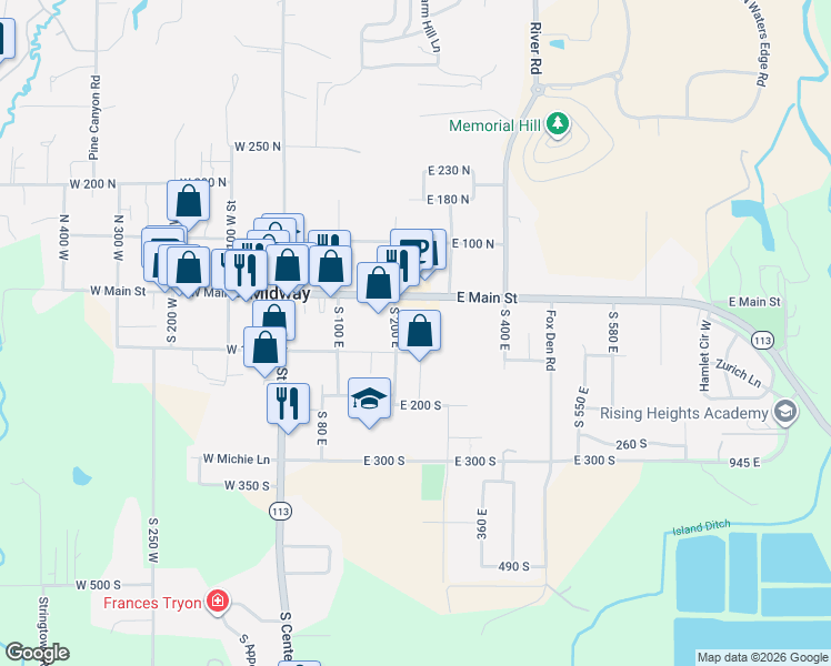 map of restaurants, bars, coffee shops, grocery stores, and more near 304 East Main Street in Midway