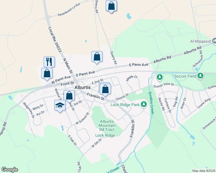 map of restaurants, bars, coffee shops, grocery stores, and more near 21 Church Street in Alburtis