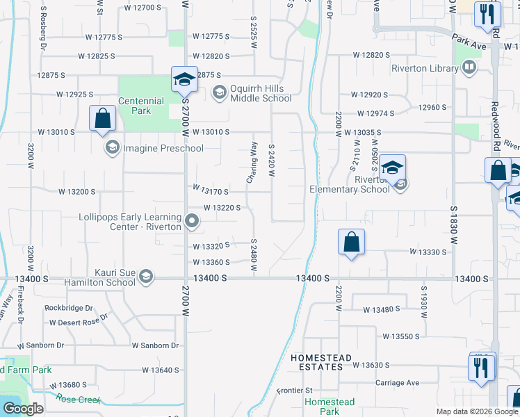map of restaurants, bars, coffee shops, grocery stores, and more near 13237 South 2480 West in Riverton