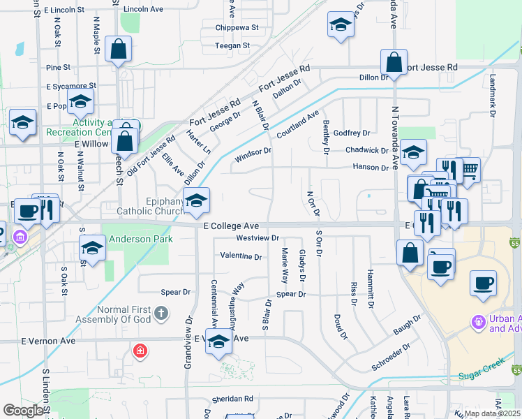 map of restaurants, bars, coffee shops, grocery stores, and more near 1200 East College Avenue in Normal