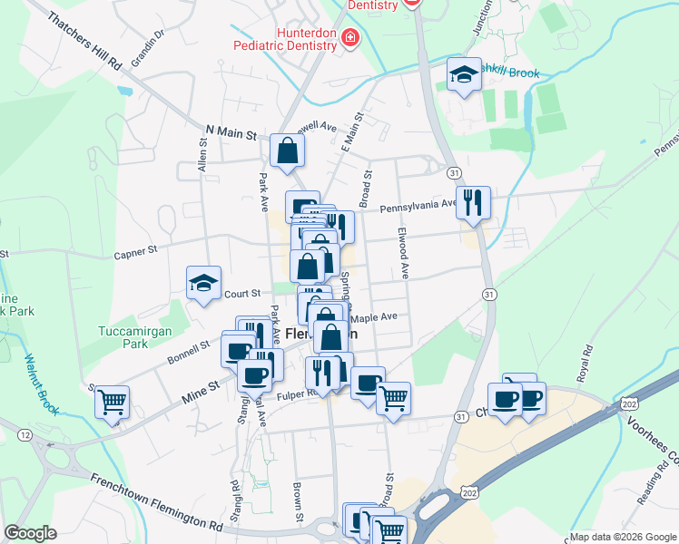 map of restaurants, bars, coffee shops, grocery stores, and more near 23 Bloomfield Avenue in Flemington