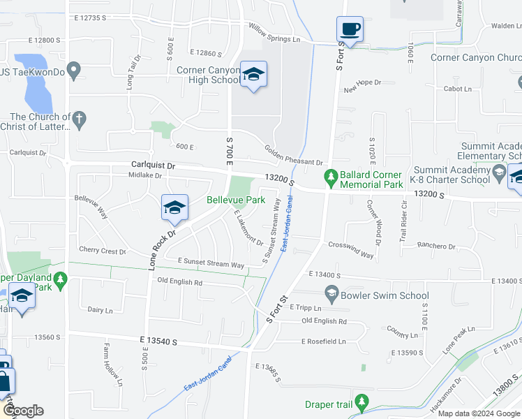map of restaurants, bars, coffee shops, grocery stores, and more near 13243 South Medina Drive in Draper