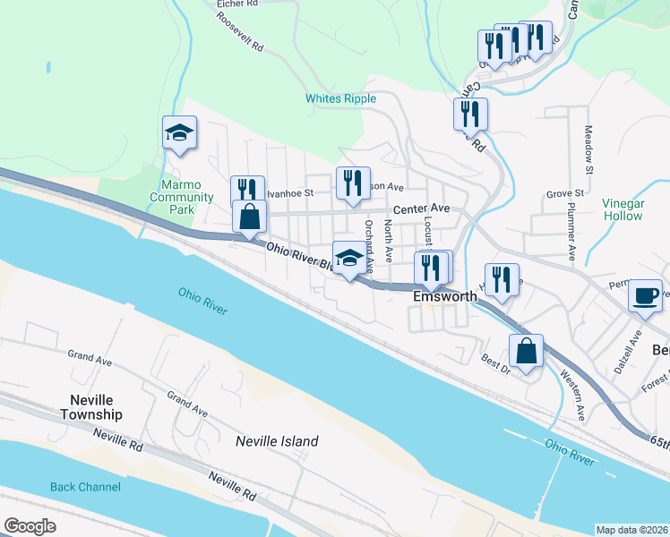 map of restaurants, bars, coffee shops, grocery stores, and more near 100 Pennsylvania Avenue in Emsworth