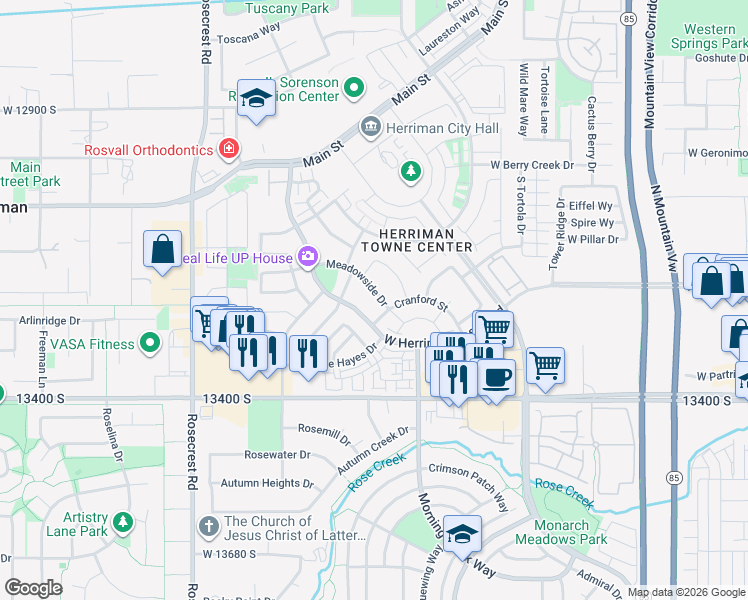 map of restaurants, bars, coffee shops, grocery stores, and more near 13258 South Meadowside Drive in Herriman