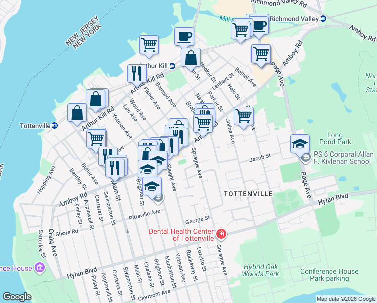 map of restaurants, bars, coffee shops, grocery stores, and more near 36 Sprague Avenue in Staten Island