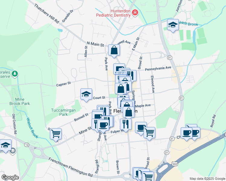 map of restaurants, bars, coffee shops, grocery stores, and more near 9 Court Street in Flemington
