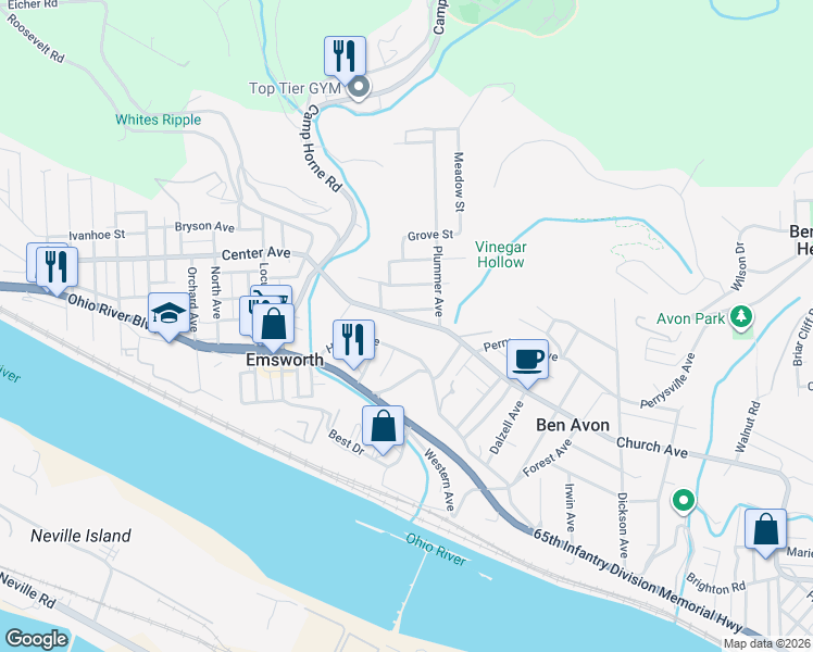map of restaurants, bars, coffee shops, grocery stores, and more near 28 Hiland Avenue in Pittsburgh