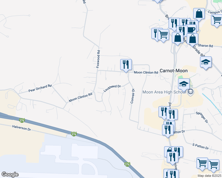 map of restaurants, bars, coffee shops, grocery stores, and more near 139 Lockheed Drive in Coraopolis