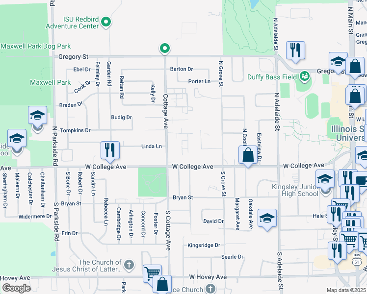 map of restaurants, bars, coffee shops, grocery stores, and more near 103 College Park Court in Normal
