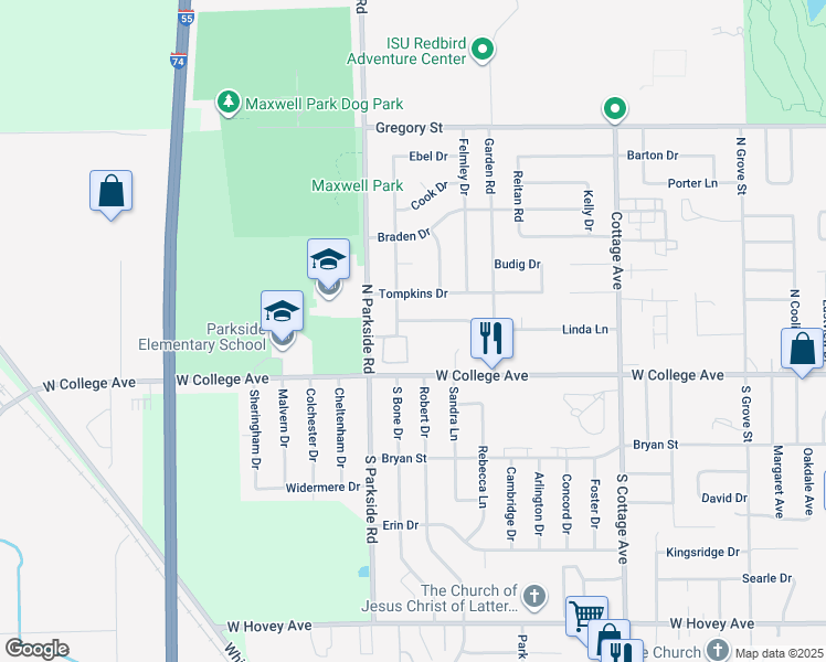 map of restaurants, bars, coffee shops, grocery stores, and more near 1710 West College Avenue in Normal