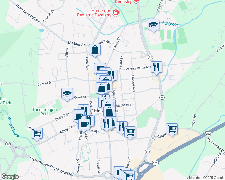 map of restaurants, bars, coffee shops, grocery stores, and more near 12 Spring Street in Flemington