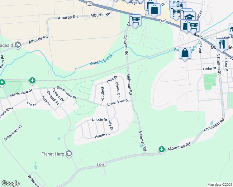 map of restaurants, bars, coffee shops, grocery stores, and more near 3674 Clauss Drive in Macungie