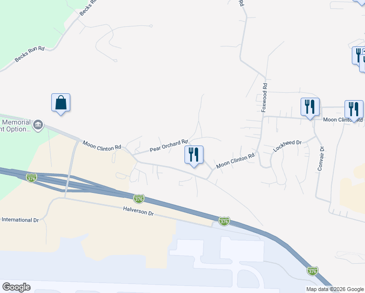 map of restaurants, bars, coffee shops, grocery stores, and more near 1377 Gringo Clinton Road in Coraopolis