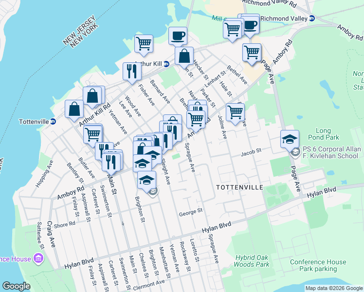 map of restaurants, bars, coffee shops, grocery stores, and more near 36 Sprague Avenue in Staten Island