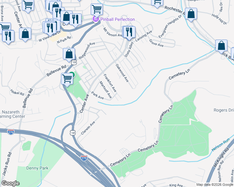 map of restaurants, bars, coffee shops, grocery stores, and more near 3 Park Avenue in Pittsburgh