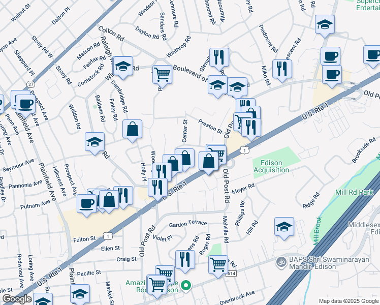 map of restaurants, bars, coffee shops, grocery stores, and more near 24 Woodedge Avenue in Edison