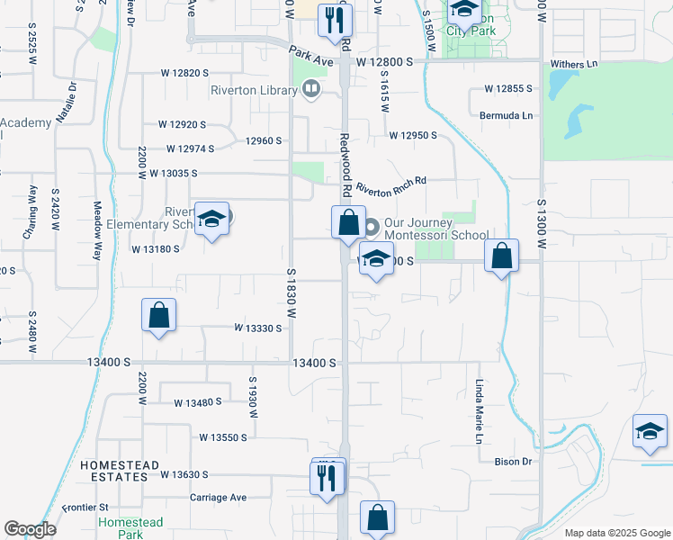 map of restaurants, bars, coffee shops, grocery stores, and more near 13210 South Redwood Road in Riverton