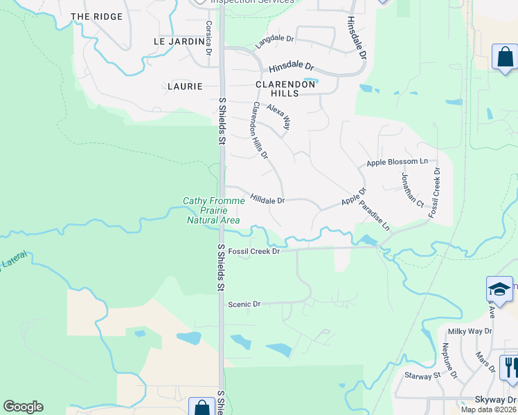 map of restaurants, bars, coffee shops, grocery stores, and more near 5430 Hilldale Court in Fort Collins