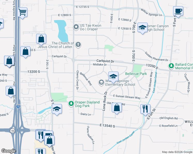 map of restaurants, bars, coffee shops, grocery stores, and more near 13283 Bellevue Way in Draper