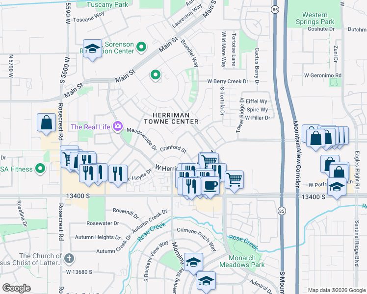map of restaurants, bars, coffee shops, grocery stores, and more near 13279 Parkview Rise Lane in Herriman