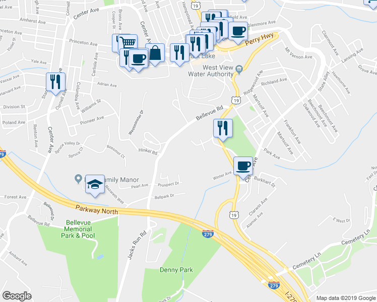 map of restaurants, bars, coffee shops, grocery stores, and more near 117 Rosecrest Drive in Pittsburgh