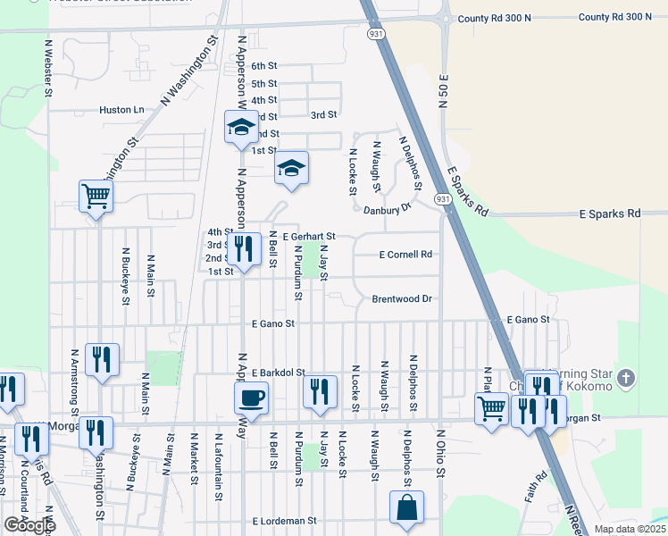 map of restaurants, bars, coffee shops, grocery stores, and more near 2438 North Jay Street in Kokomo