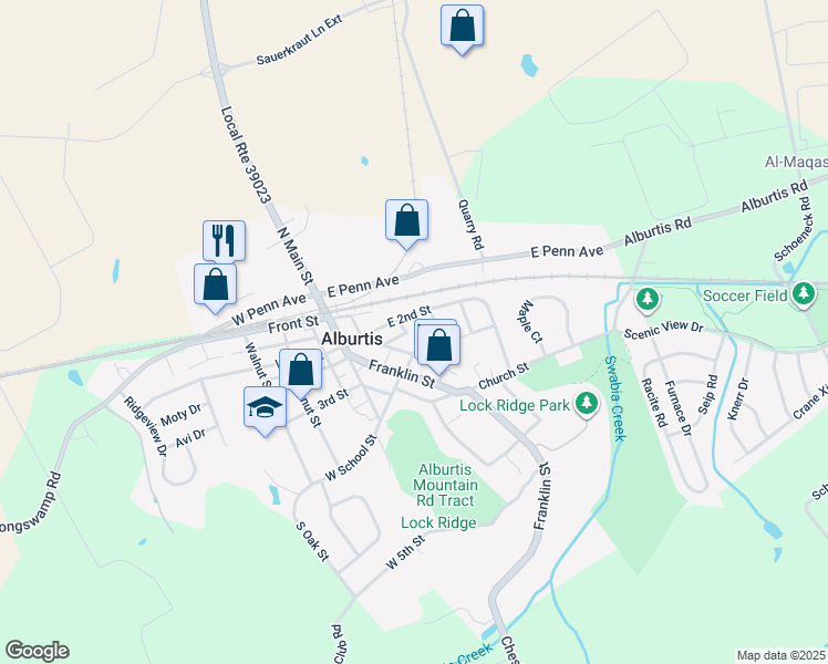 map of restaurants, bars, coffee shops, grocery stores, and more near 98 Cobblestone Court in Alburtis