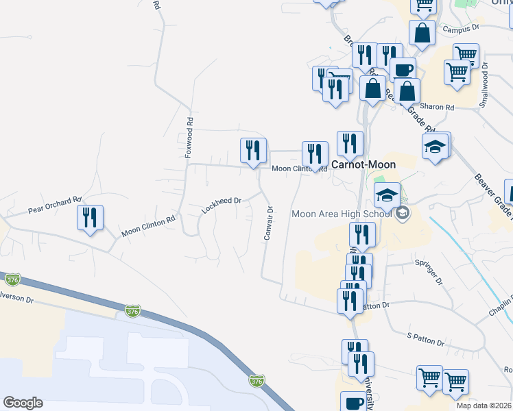 map of restaurants, bars, coffee shops, grocery stores, and more near 108 Lycoming Drive in Coraopolis