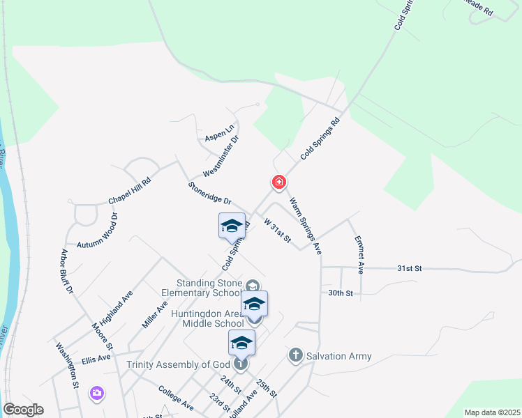 map of restaurants, bars, coffee shops, grocery stores, and more near 3101 Cold Springs Road in Huntingdon