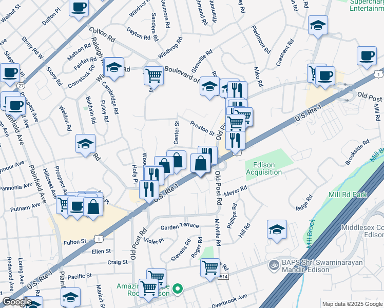 map of restaurants, bars, coffee shops, grocery stores, and more near 24 Woodedge Avenue in Edison