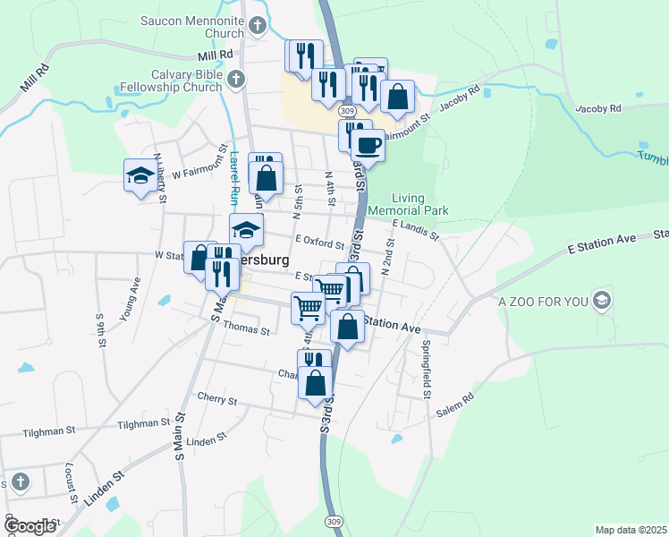 map of restaurants, bars, coffee shops, grocery stores, and more near 331 East State Street in Coopersburg