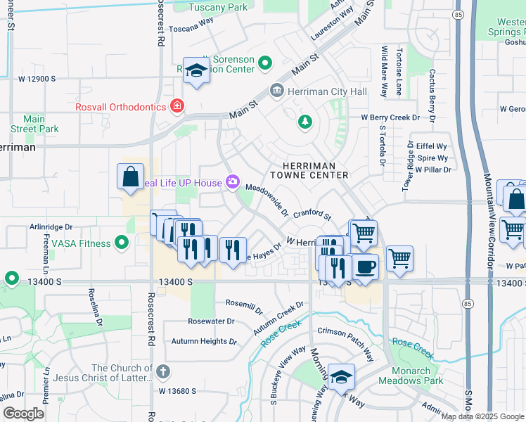 map of restaurants, bars, coffee shops, grocery stores, and more near 13269 South Herriman Rose Boulevard in Herriman