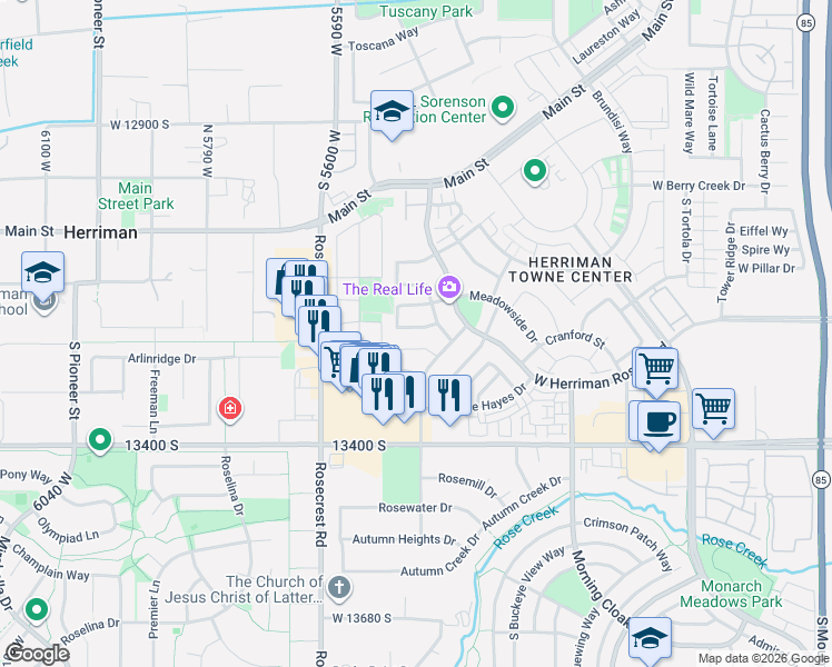 map of restaurants, bars, coffee shops, grocery stores, and more near 5447 Anfield Way in Herriman