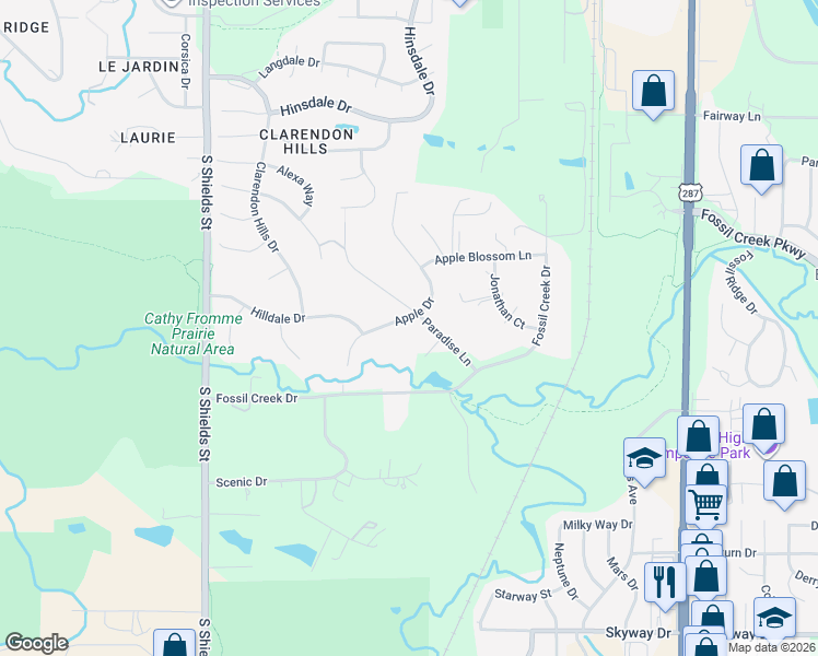 map of restaurants, bars, coffee shops, grocery stores, and more near 5420 Apple Drive in Fort Collins