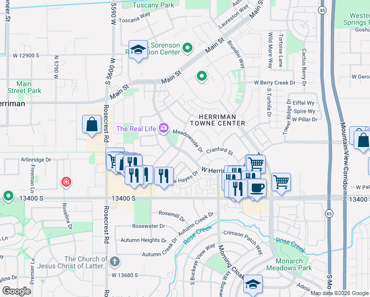 map of restaurants, bars, coffee shops, grocery stores, and more near 13269 South Herriman Rose Boulevard in Herriman