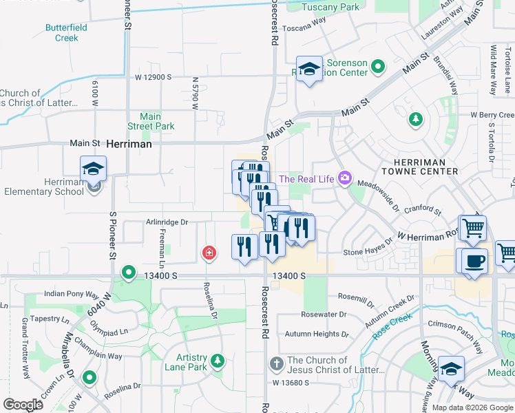 map of restaurants, bars, coffee shops, grocery stores, and more near 13292 South 5600 West in Herriman
