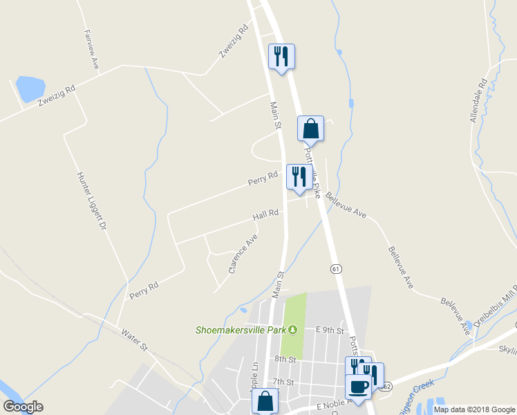 map of restaurants, bars, coffee shops, grocery stores, and more near 41 Hall Road in Shoemakersville