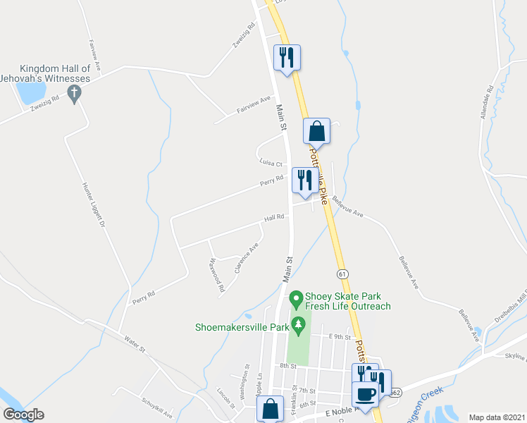 map of restaurants, bars, coffee shops, grocery stores, and more near 41 Hall Road in Shoemakersville