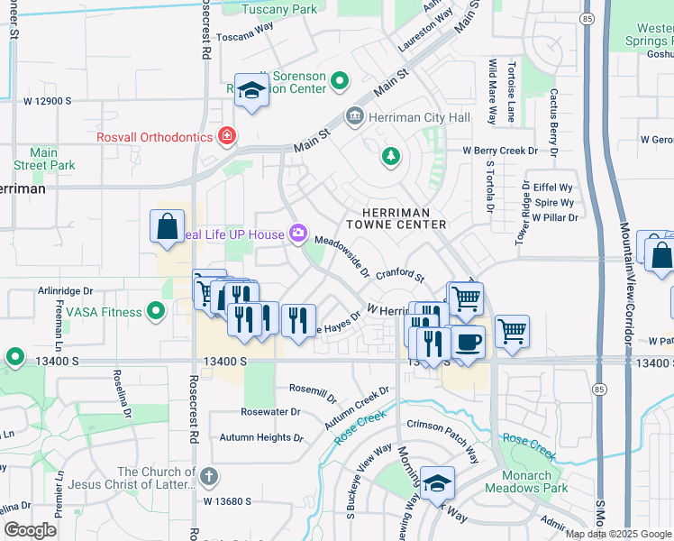 map of restaurants, bars, coffee shops, grocery stores, and more near 13269 South Herriman Rose Boulevard in Herriman