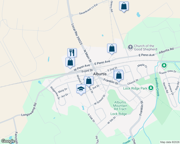map of restaurants, bars, coffee shops, grocery stores, and more near 29 West 2nd Street in Alburtis