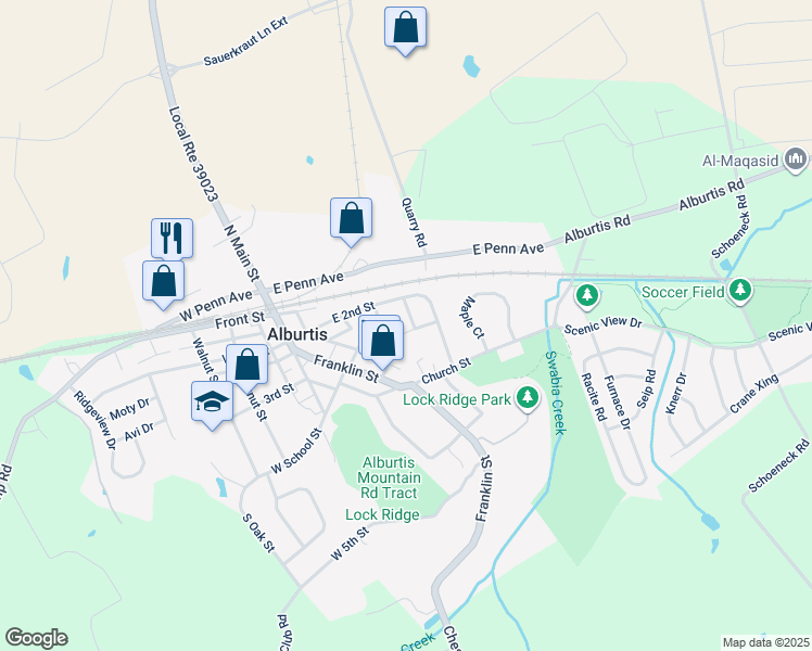 map of restaurants, bars, coffee shops, grocery stores, and more near 163 Roberts Street in Alburtis