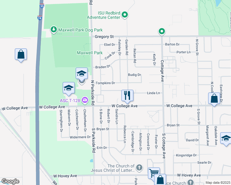 map of restaurants, bars, coffee shops, grocery stores, and more near 1707 Linda Lane in Normal