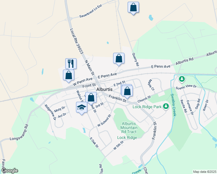 map of restaurants, bars, coffee shops, grocery stores, and more near 29 East 2nd Street in Alburtis