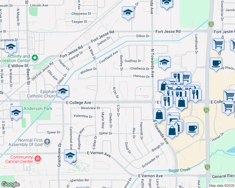 map of restaurants, bars, coffee shops, grocery stores, and more near in Normal