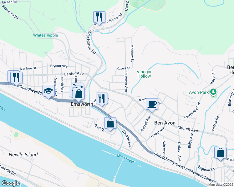 map of restaurants, bars, coffee shops, grocery stores, and more near 49 Center Avenue in Emsworth