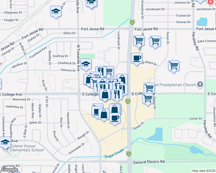 map of restaurants, bars, coffee shops, grocery stores, and more near 1550 East College Avenue in Normal